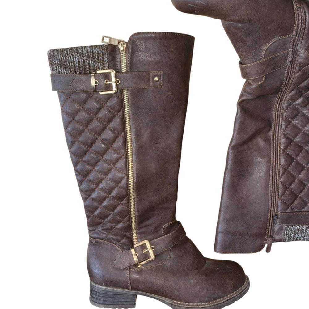 Knee High Brown Quilted Knit Riding Boots Women’s 7.5 Gold Buckle Zipper Accent - Picture 3 of 16